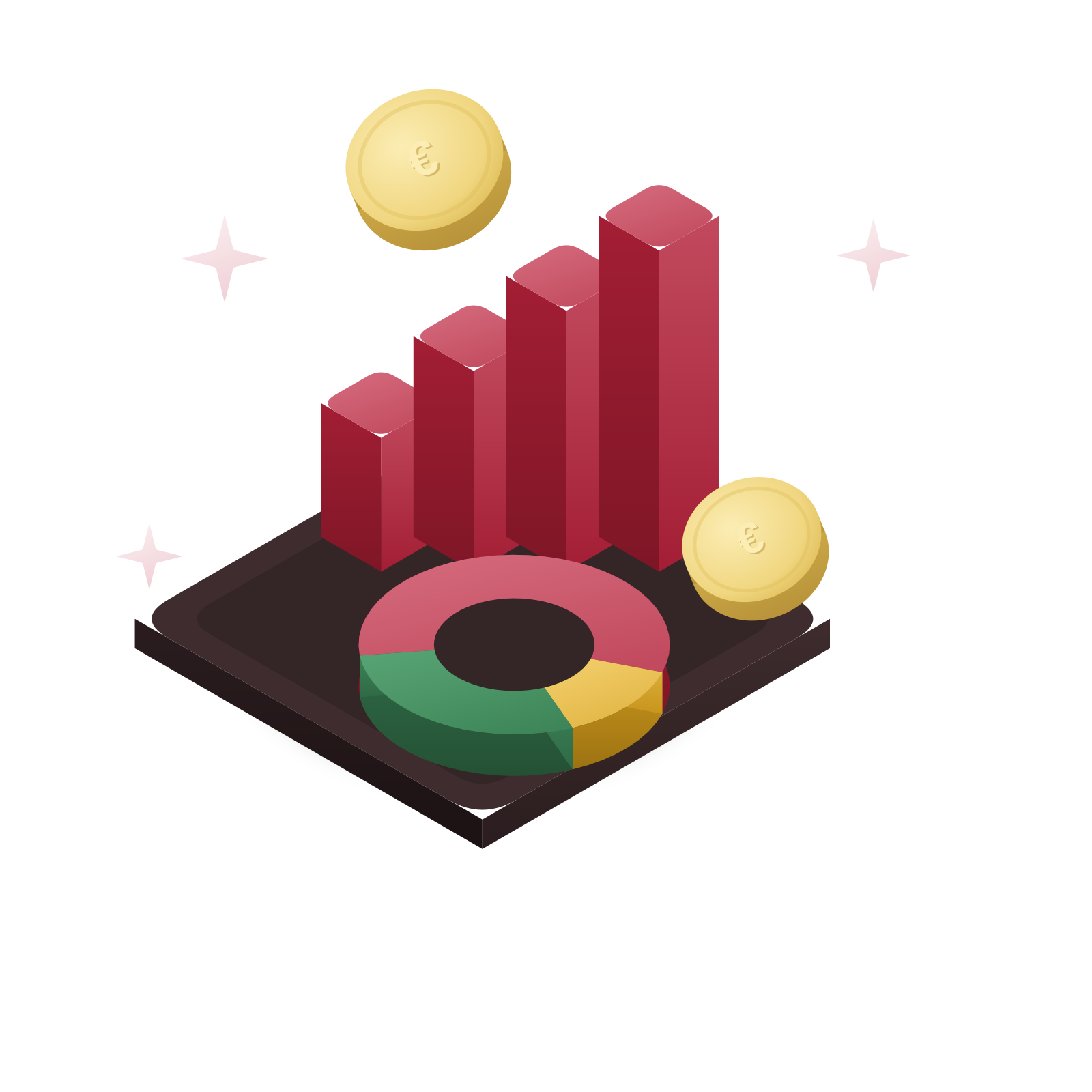 Isometrische 3D-Illustration: ein steigendes Balkendiagramm und ein Ringdiagramm mit goldenen «€»-Münzen auf einem warmen espressofarbenen Sockel